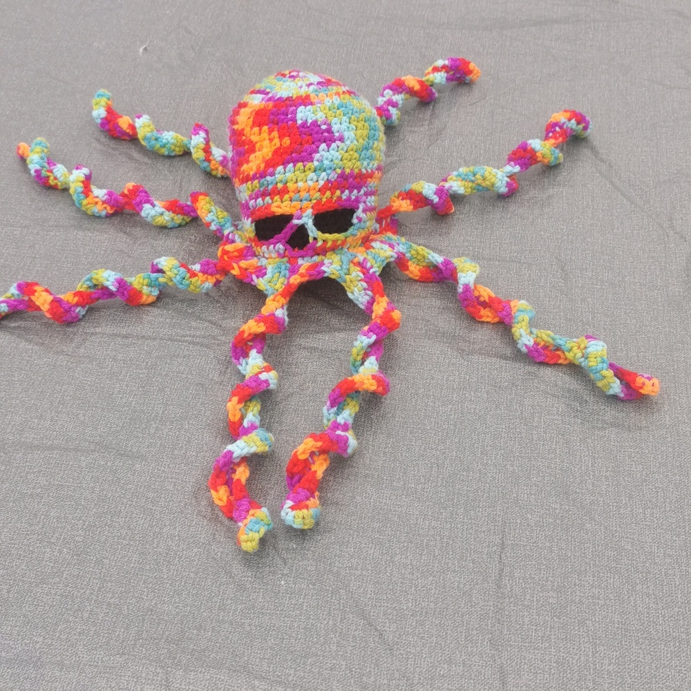 CREEPY OCTOPUS hand made crochet multi coloured blue green pink orange Homemade